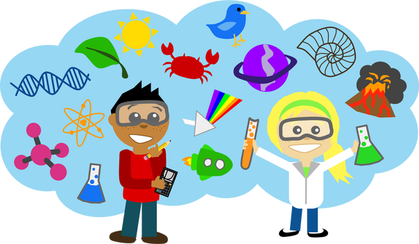 Two students surrounded by various science items and symbols